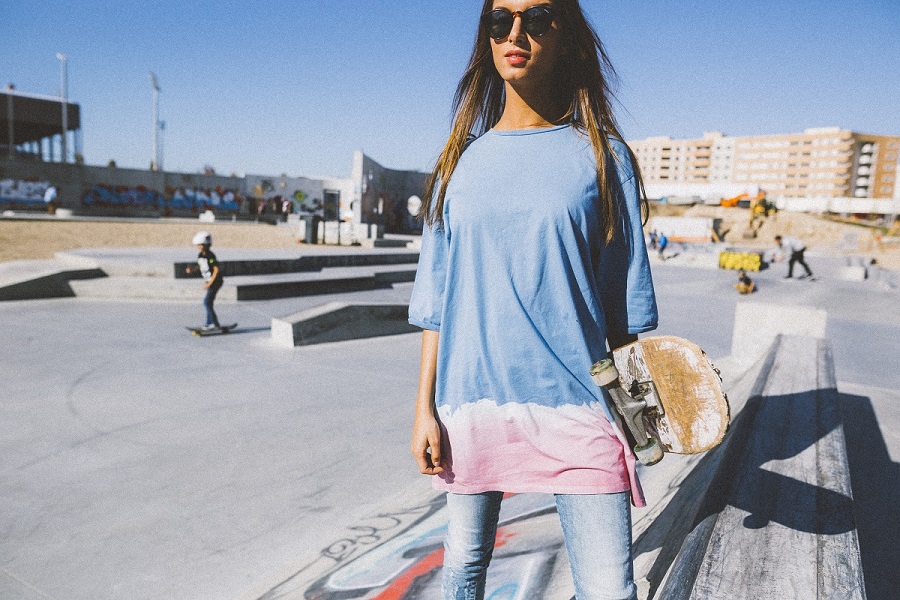 The Revenge of Happiness Collection-34 - Skate girl on a blue and pink t-shirt